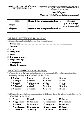 Đề chọn học sinh giỏi môn Tiếng Anh Lớp 9 - Năm học 2014-2015 - Phòng giáo dục và đào tạo huyện Thanh Oai (Có đáp án)